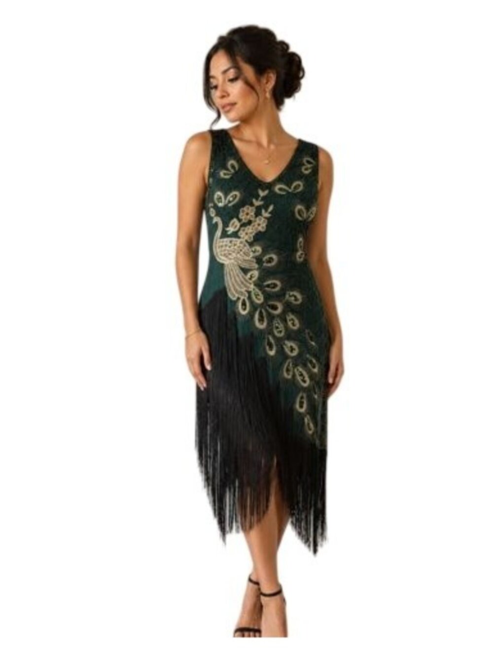 Art Deco Peacock Beaded Fringe Flapper Dress V-Neck Size S Teal  Black